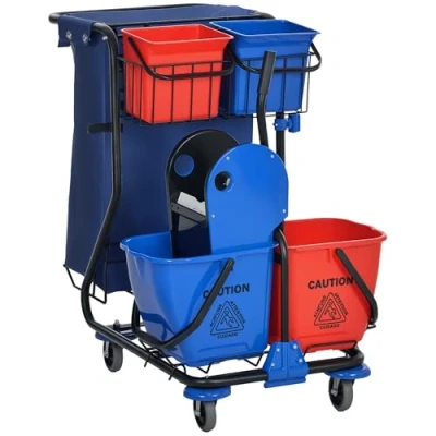 Imagen de HOMCOM Carro de Limpieza con Bolsa Basura Servicio Doble Cubo 18 litros Escurridor Prensa 2 Cubetas Auxiliares 93x80x97 cm Rojo y Azul