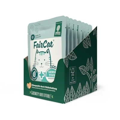 Imagen de Green Petfood FairCat Sensitive (8 x 85 g), Comida para Gatos sin Cereales con cáscaras de psyllium e hinojo, húmeda Adultos y exigentes, Agradable Aroma