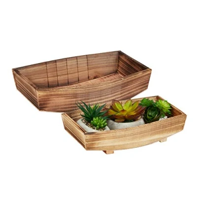 Imagen de Relaxdays Dekoschale Pack de 2 Cuencos Decorativos, Madera Quemada, Macetas para Flores Rectangulares, Diseño Vintage, Natural, 6 x 27 17 cm