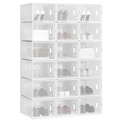 Imagen de WOLTU 18X Cajas de Zapatos Transparentes para Plástico Apilables y Plegables Organizador Almacenamiento Guardarropa, Contenedor con Tapa Frontal, 35x25x19 cm SRX13tp