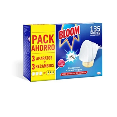 Imagen de Bloom Insecticida eléctrico Líquido Doble Eficacia (3 aparatos + 3 recambios), antimosquitos eficaz contra el mosquito comun y tigre, 135 noches de protección