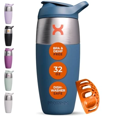 Imagen de Promixx Pursuit botella mezcladora de proteínas acero inoxidable una sola pared, batidos súper suaves, 950 ml, azul medianoche