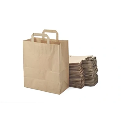 Imagen de Lote de 50 bolsas papel Kraft con asas planas, sólido para las carreras, embalaje regalo cumpleaños, fiestas, boda. (25 x 14 + 30 cm)