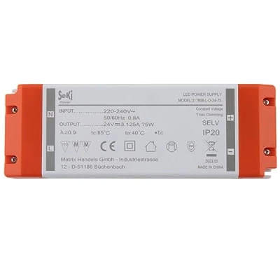 Imagen de SeKi Controlador LED de voltaje constante 24 V CC, 75 W, 3,12 A, regulable, transformador, fuente alimentación conmutada; sin carga mínima, ruido/parpadeo LED, aprobación MM