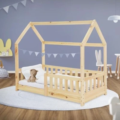 Imagen de ML Design Cama Infantil 70x140cm con Reja Protectora Techo y Somier Estructura Listones de Madera Pino Maciza Color Natural Diseño Creativo Mueble Dormitorio Mobiliario Casa para Niños