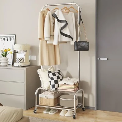 Imagen de FGHUF Moderno Perchero Burro Ropa,metal Percheros De Pie,Colgador Ropa Con Ruedas,burro Para Estante Resistente Y Gancho,para Dormitorio Colgar Abrigos Camisas,negro,blanco
