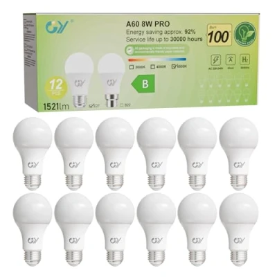 Imagen de GY 8W Bombillas Led E27 6500K Luz Blanca Fría, Equivalente a 100W, 1521 Lúmenes, No Regulable, A60 Bombilla Bajo Consumo Pack de 12
