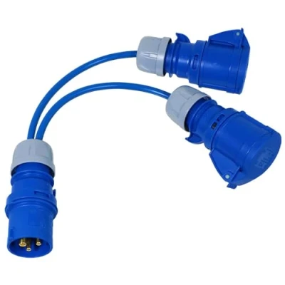 Imagen de SPARES2GO Cable Divisor de 16 A, 240 V, Enchufe Multiple para Caravana, Autocaravana, 2 Enchufes Amperios (Azul)
