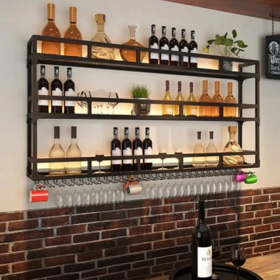 Imagen de Estante de exhibición vino pared metálica，mueble bar Con soporte para copa vino，Metal hierro mueble botellero luz LED，botellero vino，3 capas(Blac