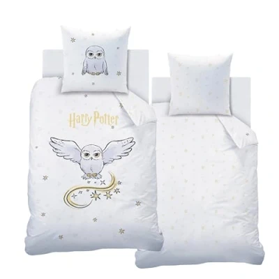 Imagen de Juego de ropa cama franela 135 x 200 cm, Harry Potter Hedwig, suave para otoño e invierno, funda almohada 80 cm + nórdica 100% algodón, búho