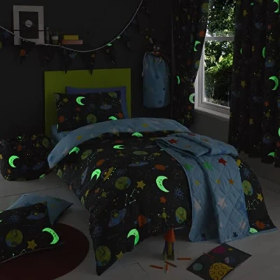 Imagen de Happy Linen Company Juego de Cama con Funda nórdica Reversible para niñas y niños, Aventura alienígena, Espacio Exterior, Azul Marino