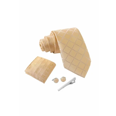Imagen de Massi Morino Corbatas de hombre Champán Cuadrado y pañuelos con gemelos, clip corbata set Beige Accesorio traje modernas para boda