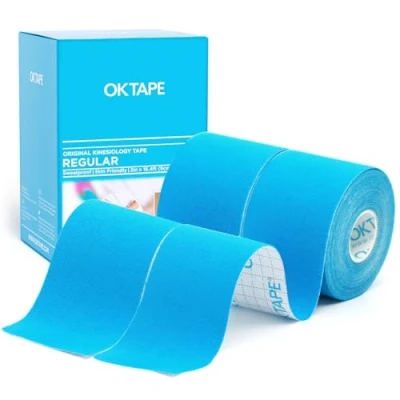 Imagen de OK TAPE Cinta Cinemática Básica de Elástica Impermeable Para, Libre Látex, Alivio del Dolor, Recuperación Lesiones, sin Cortar, 5cm x 5m,(2 Rollos,Azul)