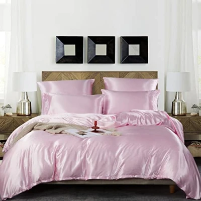 Imagen de Damier Juego de ropa cama 135 x 200 cm, funda nórdica satén rosa brillante con cremallera y almohada 80 cm