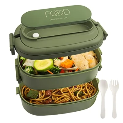 Imagen de OITUGG Fiambrera 2 Capa 1550ml Lunch Box Bento con 3 Compartimentos y Cubiertos Loncheras para Adulto, Diseñado Cierre de Clip, Sin BPA, Microondas, 19.2 x 11.5 12cm, Verde
