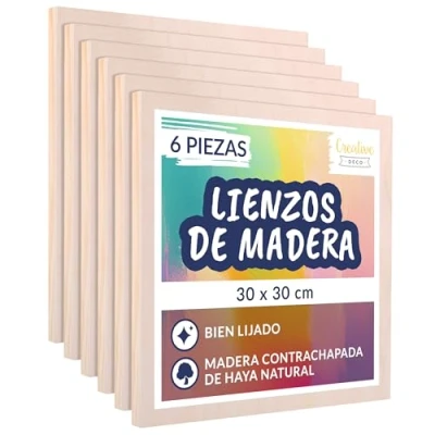 Imagen de Creative Deco Lienzos Madera para Pintar Acrílico Set de 6 Piezas 30 x cm Tableros Canvas Paneles Contrachapado Ideal Decorar, Grabar, Decoupage, Manualidades y Proyectos Artísticos
