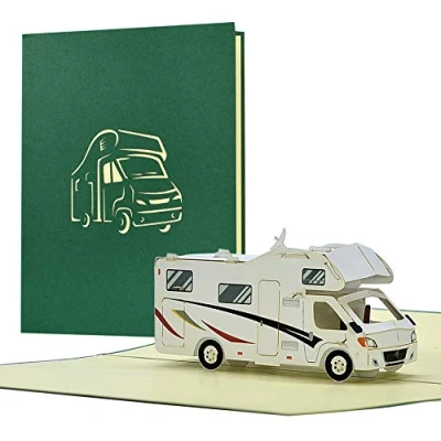 Imagen de tarjeta de cumpleaños con autocaravana emergente, caravana 3D como cupón viaje, vale para vacaciones, felicitación examen aprobado, H33