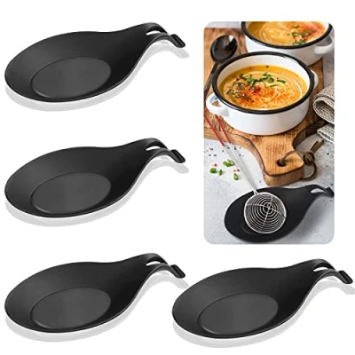 Imagen de 4 Piezas Cocina Soporte cuchara Silicona de Forma Almendra bandeja Portacucharas Cubiertos Resistente al Calor Color Negro