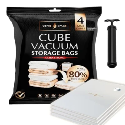 Imagen de GENIE space Incredibly Strong Premium Cube Saving Vacuum Bags Airtight &amp; Reusable Create 80% more For Clothes, Towels, Bedding, Duvets and more. (Maxi (4pk))