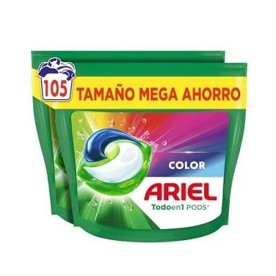 Imagen de ARIEL PODS Todo en 1 Detergente Lavadora Liquido 105 Capsulas/Pastillas, Jabon Extra Cuidado del Color, Mas Color y Brillo, Limpieza Profunda