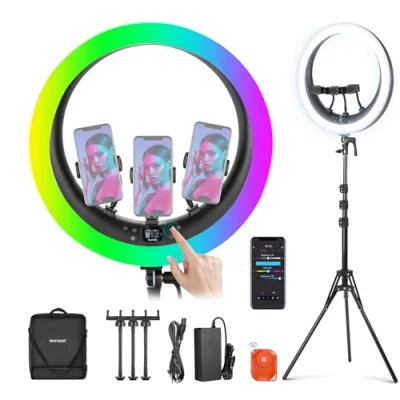Imagen de NEEWER 19&quot; Anillo de Luz LED RGB con Soporte, 3 Soportes para Teléfono, Panel Táctil, 2.4G/App Control, 42W CRI97+ 2800lux/0.5m 360 Hue Regulable Iluminación Transmisión en Vivo Zoom, RP19C