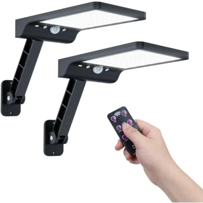 Imagen de Moman Foco Solar Exterior, Farolas Solares LED con Sensor de Movimiento 3 Modos IP65 Impermeable 2 Piezas Luz Mando a Distancia 2200mAh para Jardín Garaje, Exterior Farola