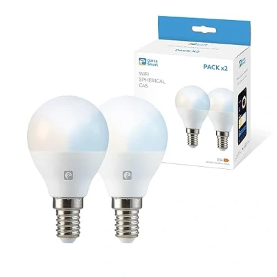 Imagen de Garza Smarthome Pack 2 Bombilla LED Inteligente Wifi Esférica G45 E14 5W (40W de Equivalencia) CCT, Intensidad regulable, Programable, Control por Voz y App (Alexa/Google Home), 2,4 GHz