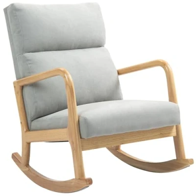 Imagen de HOMCOM Mecedora Tapizada en Lino Silla con Patas de Madera Caucho y Reposabrazos para Lactancia Carga 150 kg Dormitorio Salón Gris