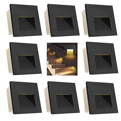 Imagen de Arote Juego de 8 Lámparas led empotrables pared 3W, Aluminio, 230 V, luz Blanca cálida, IP65, impermeable) iluminacion escalera color negro