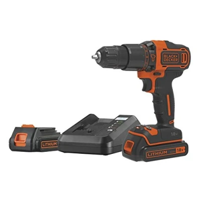 Imagen de BLACK+DECKER Taladro percutor 18V con 2 baterías de litio 2.0Ah, portabrocas 10mm, velocidades, par máximo 40Nm, luz LED, empuñadura antideslizante, incluye maletín, BDCHD18K1B2