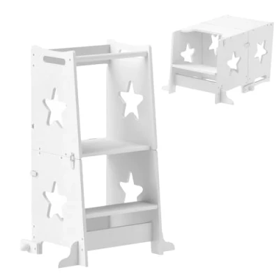 Imagen de AIYAPLAY Torre de Aprendizaje 2 en 1 Taburete para Niños +3 Años Convertible Mesa y Silla con Barra Seguridad 60x44,5x86 cm Blanco