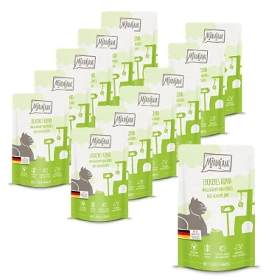Imagen de MjAMjAM comida húmeda premium para gatos Quetschie deliciosa ternera con calabaza al vapor, pack de 12 (12 x 125 g), sin cereales extra carne