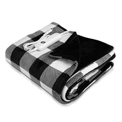 Imagen de Navaris Manta eléctrica para hombros cuello y brazos Poncho eléctrico con forma de U mando térmica lavable A cuadros negra dentro