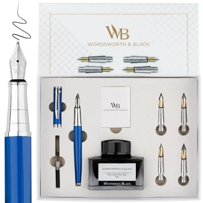 Imagen de Wordsworth y negro Juego de regalo pluma estilográfica, incluye botella tinta, 6 cartuchos convertidor recarga 4 puntas repuesto, paquete premium, diario[Cromo Azul]
