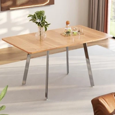 Imagen de Merax Mesa de comedor moderna con patas plateadas, para salón y comedor, 4 6 personas, 140 x 80 75 cm, color madera plata