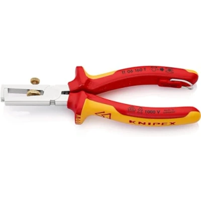 Imagen de Knipex Alicate pelacables con muelle de apertura universal cromado, homologado por VDE; anilla fijación aislada e integrada para colocar una protección anticaída 160 mm 11 06 T