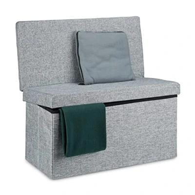 Imagen de Relaxdays Baúl Almacenamiento, Puff Asiento Almacenaje, Banco con Respaldo, Taburete, Lino, 1 Ud, 73 x 76 38 cm, Gris, Tablero de Fibras