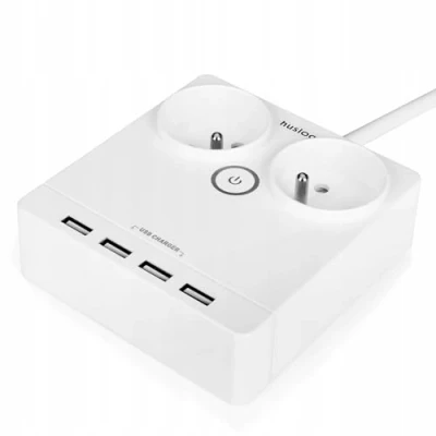 Imagen de Huslog Regleta Plana 5 en 1 con 2 Tomas Schuko y 4 USB, 230V/10A, Cable de 1,5 m, Interruptor LED, Conexión a Tierra, Compacta Antideslizante para Oficina Hogar, Blanco