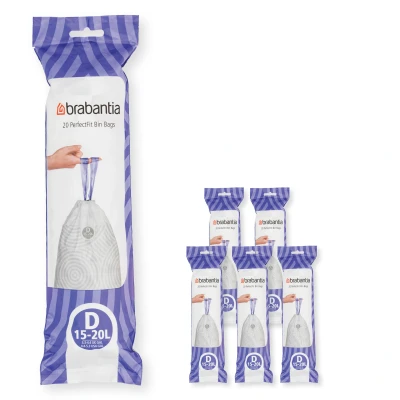 Imagen de Brabantia Bolsas de Basura PerfectFit 6 lotes (Código D/15 20L) Extra Resistentes con cinta cierre (120 Bolsas)
