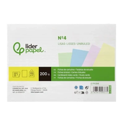 Imagen de Tarjeta ficha liderpapel para estudiar lisa cartulina de colores 170 gr/m2 125x200mm paquete 200 unidades