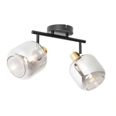Imagen de Qazqa Moderno Foco de techo negro/dorado con cristal ahumado 2 luces Zuzanna/Acero Alargada Adecuado para LED Max. x 25 Watt
