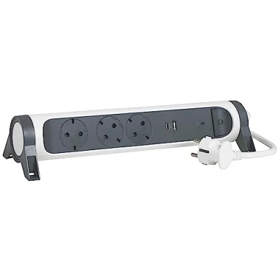 Imagen de Legrand 694508, regleta de enchufes con protección contra sobretensión, USB, Interruptor, Enchufe múltiple 3 Tomas Corriente, Cable 1,5 MTS., Color Blanco/Gris Oscuro