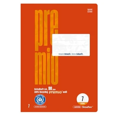 Imagen de Staufen Cuaderno de ejercicios verde, DIN A4, rayado 7 (7 mm a rayas), 4 cuadernos, 16 hojas cada uno, papel reciclado 90 g/m², esquinas redondas para evitar orejas perro