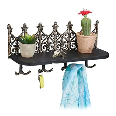 Imagen de Relaxdays Tablero Colgador de Llaves con Balda, Llavero Pared, Pasillo o Entrada, Diseño Retro Hierro Fundido, 8 Ganchos, Bronce, Madera, 19,5 x 39,5 12 cm