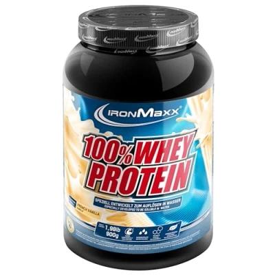 Imagen de IronMaxx Whey 100% Por ciento Proteína de suero en polvo soluble agua sabor: vainilla francesa bote 900g (1 paquete)