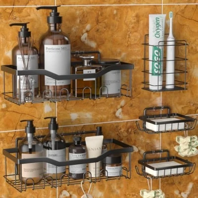 Imagen de OUSFOT Estanteria de Ducha, 5 Piezas Baño Sin Taladro Negro Estante Ducha Organizador Autoadhesivo Juego para Cocina, Baño, Soporte Champú
