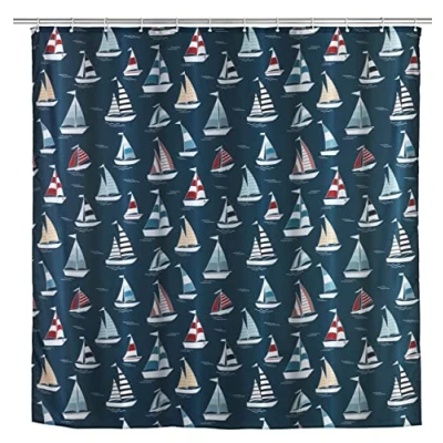 Imagen de WENKO cortina de ducha «Regatta», textil higiénica, lavable, impermeable y fácil limpiar, con 12 anillos para fijar a la barra ducha, 180 x 200 cm, multicolor