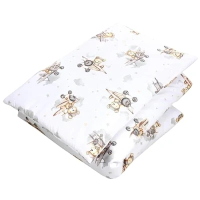 Imagen de TupTam Juego de Edredón Infantil con Dibujos para Toda la Temporada Nórdica Almohada Plana 2pcs., Oso en el Avión/Blanco/Beige, 135x100 cm