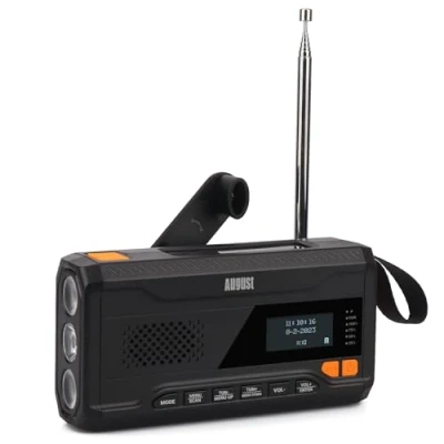 Imagen de Radio de Cuerda con Bluetooth August MB290B Camping o Pesca Recargable Banco Energía Solar 4500mAh Todo en Uno Portátil Dab/FM Radio, 5.0, 3.5mm Manivela 3 Brillo Linterna Negro