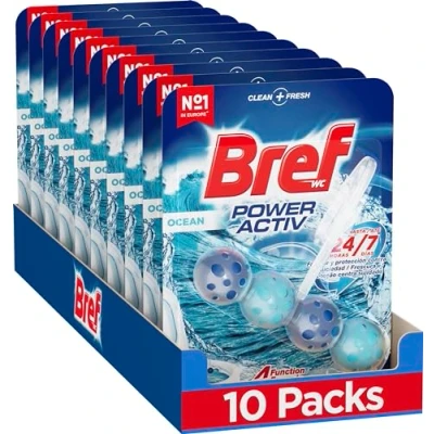 Imagen de Bref Power Activ Oceano Cesta WC Limpia baño para un siempre limpio y fresco, limpiador de baños con fórmula antical que elimina la suciedad, pack 10 unidades